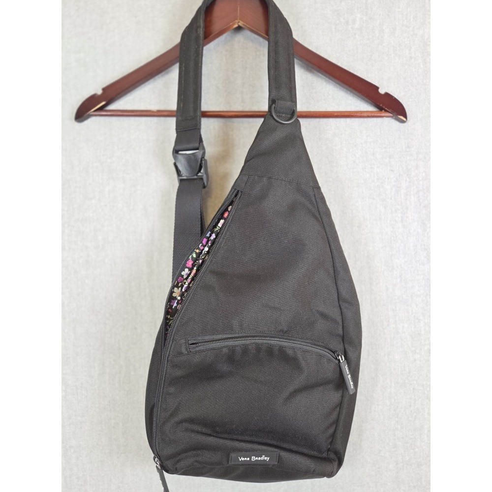 Vera Bradley Black Nylon Canvas Sling Backpack w/Padding Multi Floral Lined - Picture 2 of 10